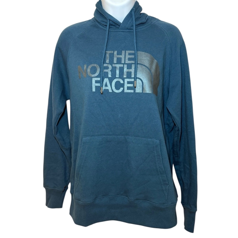 The North Face Womens Small Pullover Hoodie Sweatshirt Blue Graphic‎ Logo L/S